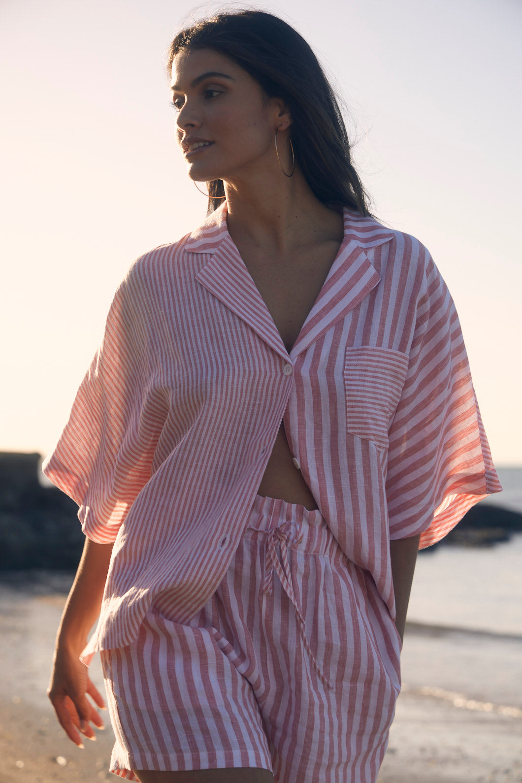 Cleo Linen Pyjama Shirt - Sunset Stripe