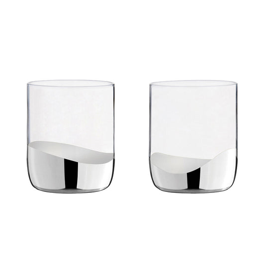 Two clear glass tumblers with silver design on a white background