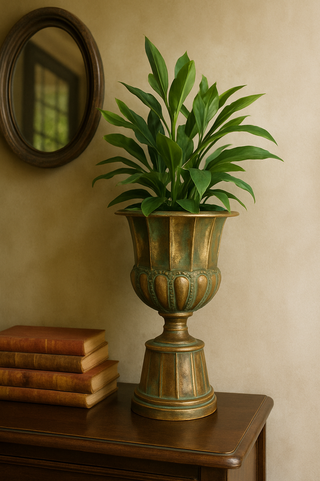 Green potted plant in an ornate gold urn on a wooden surface with a mirror and books in the background.