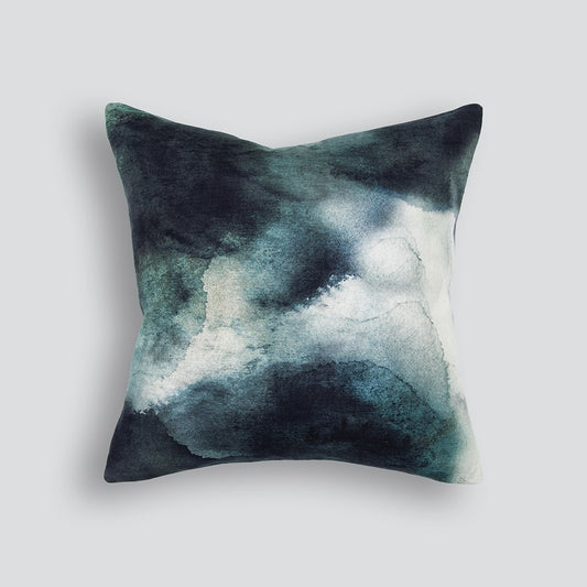 Abstract painted cushion in indigo, teal, navy and green