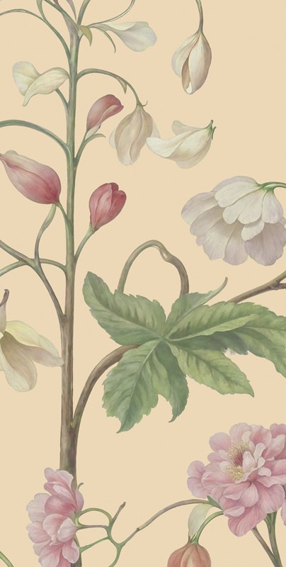 A room with wallpaper featuring a botanical garden design, including trees and floral patterns.