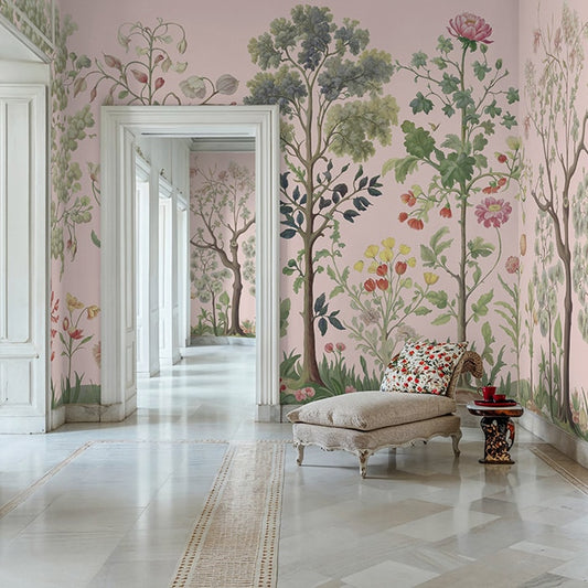 A room with wallpaper featuring a botanical garden design, including trees and floral patterns.