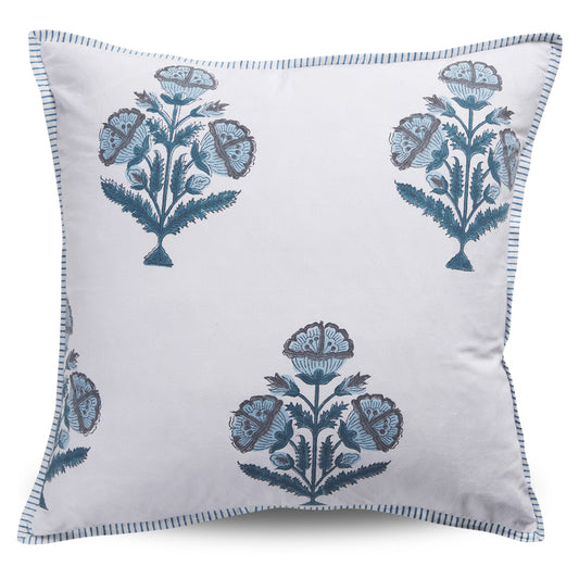 Decorative pillow with blue floral patterns on a white background
