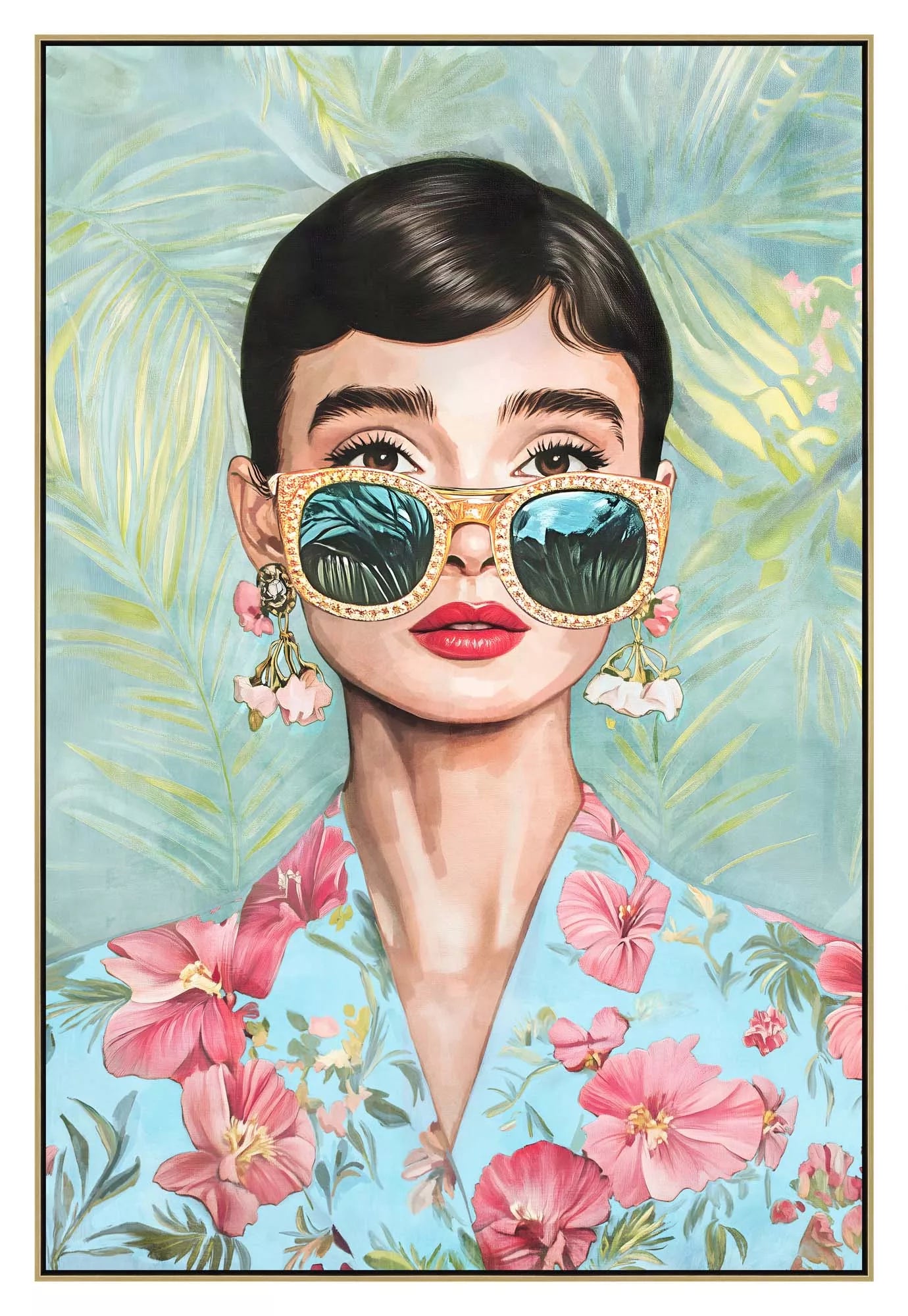 Audrey Hepburn wearing a tropical floral top in a wes anderson coloured art piece