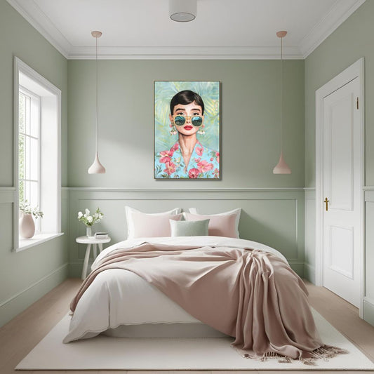 Audrey Hepburn pop art canvas in a pale green bedroom with white accents and a pink and green bed