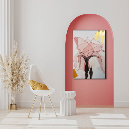 Floral image hanging in a pink alcove with white furniture and walls