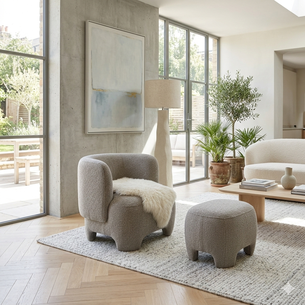 Modern living room with a gray armchair, ottoman, and decorative plants.