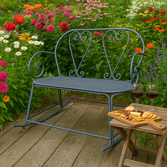 Decorative metal bench on a wooden deck with a small table holding wine glasses and snacks, surrounded by a garden with colorful flowers.