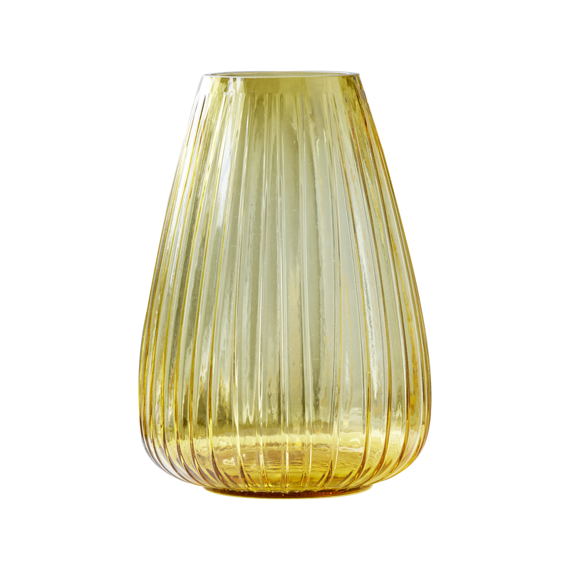 Yellow glass vase with ribbed texture on a white background