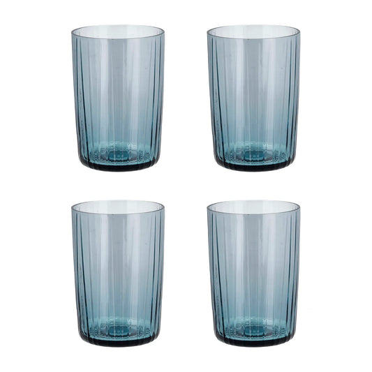 Four blue glass tumblers on a white background