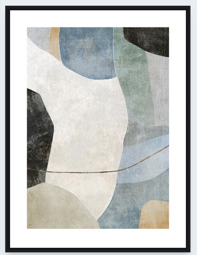 Abstract art print with geometric shapes in neutral colors on a white background