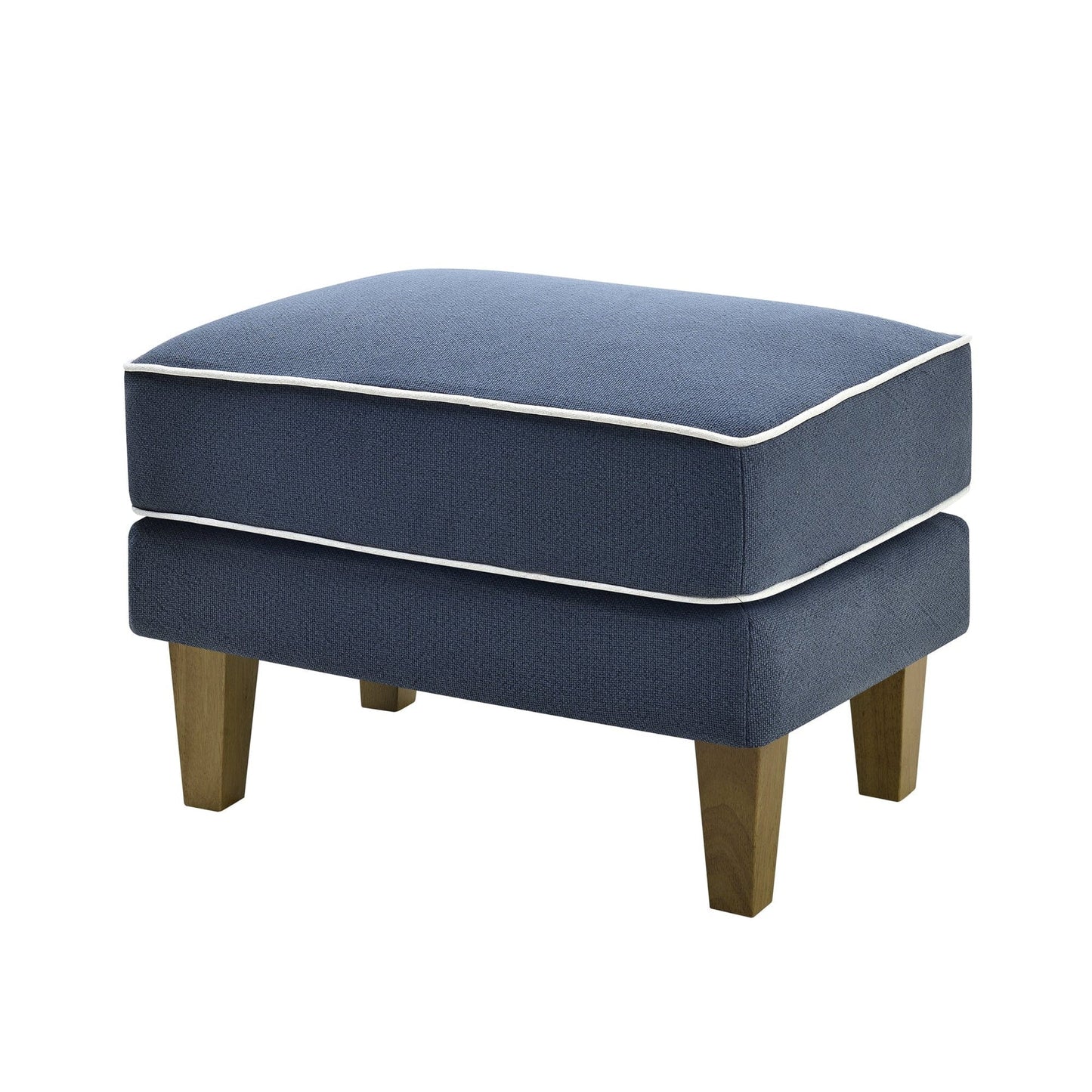 Blue ottoman with white piping on a white background