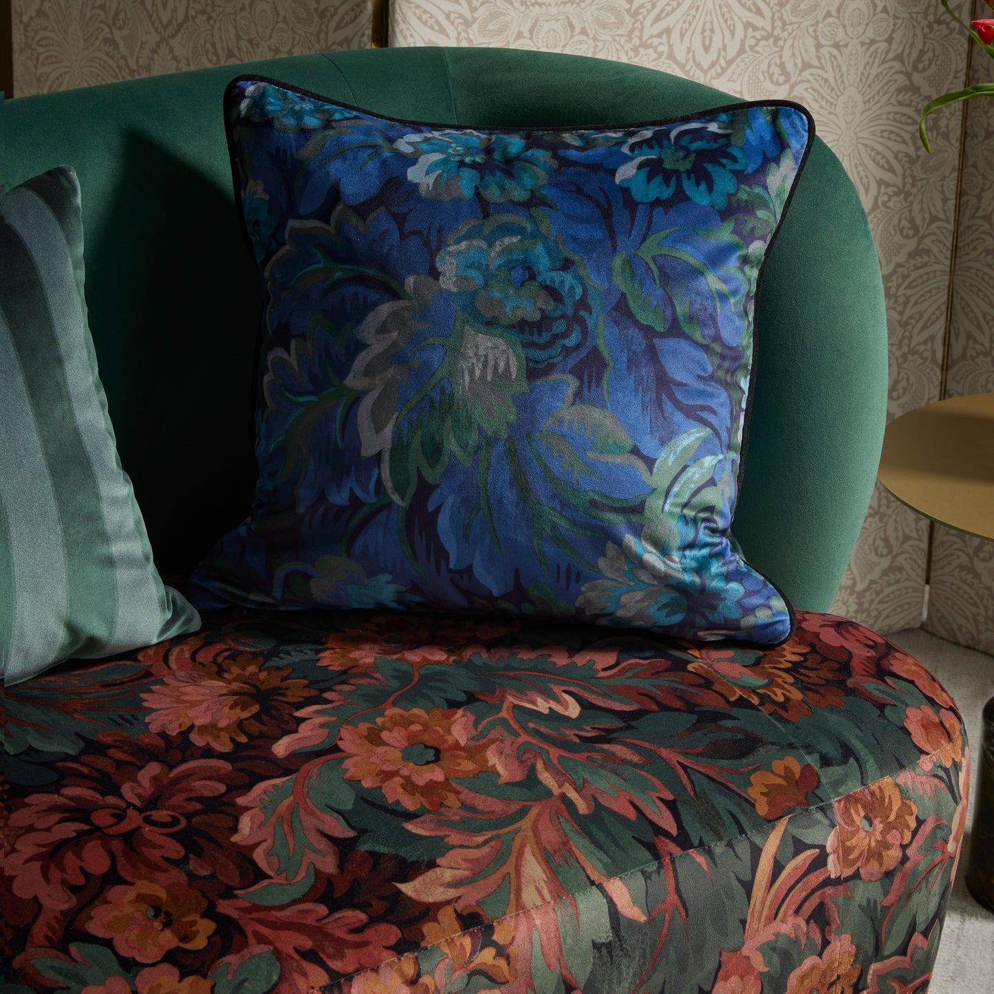 Borchelli fabric in blue florals on a floral sofa