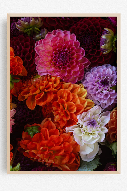 Colorful floral arrangement with a wooden frame