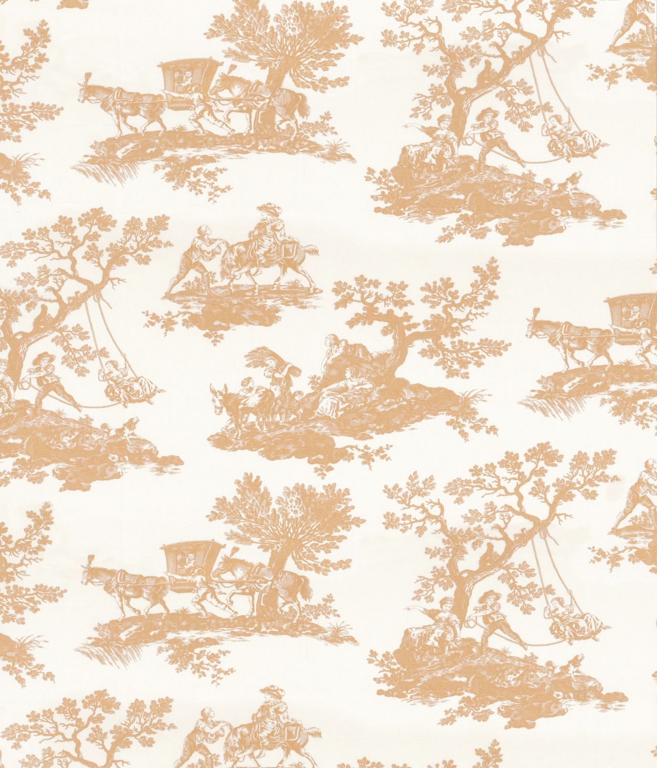 Patterned fabric with vintage-style illustrations of horses, carriages, and landscapes on a beige background.