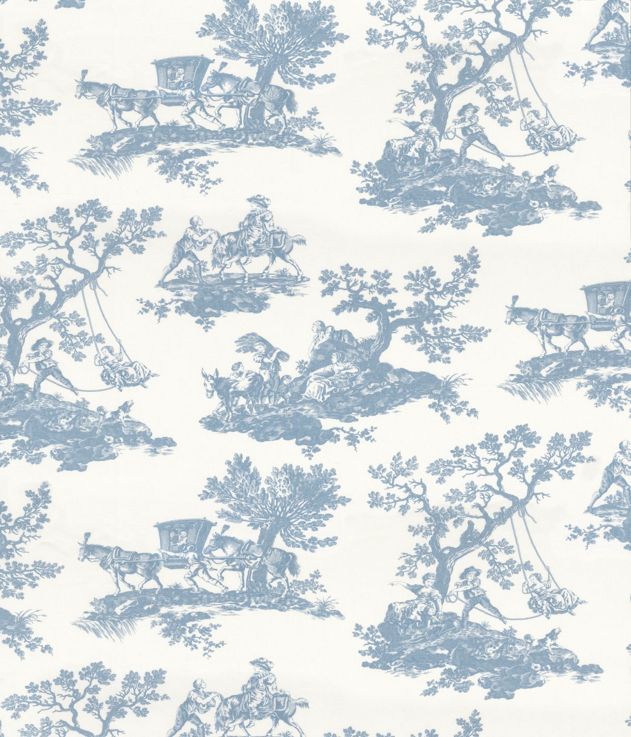Patterned fabric with blue pastoral scenes on a white background