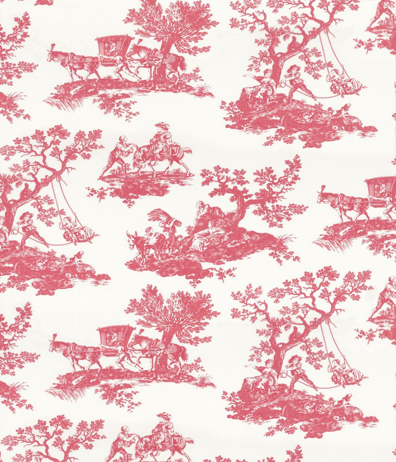 Pink and white toile pattern with horses, carriages, and trees.