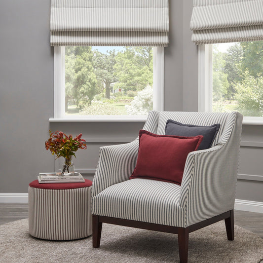 striped Calverton fabric on chair, stool and blinds