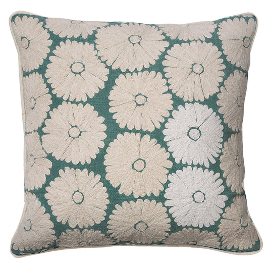 Embroidered green cushion with white flowers