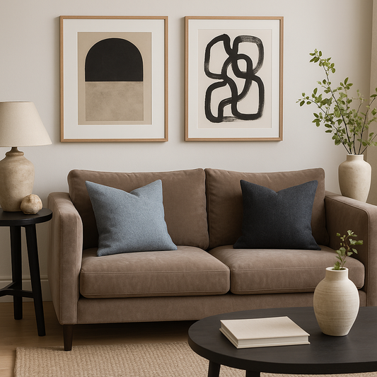 Living room with a brown sofa, abstract art, and decorative items.