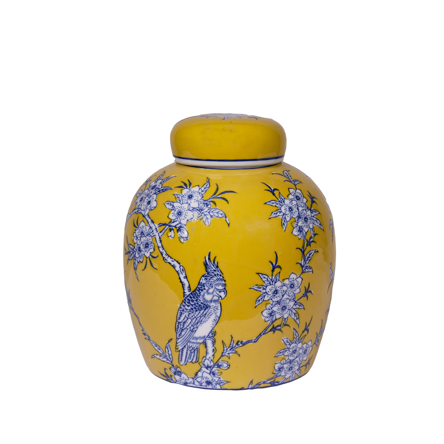 Yellow ceramic jar with blue floral and bird design on a white background