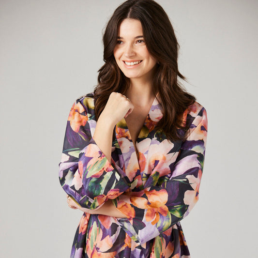 smokey bloom floral chloe silk robe