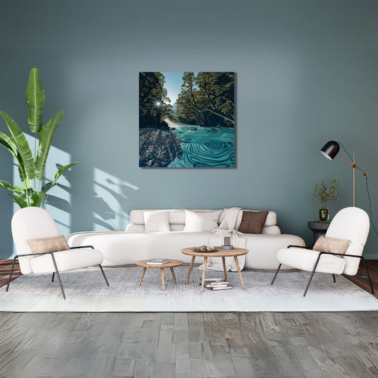 Image of the Clinton River on the Milford Track, art work by Stephen Ballantyne on a loungeroom wall with white furniture