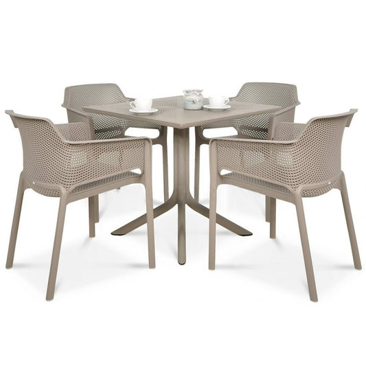 Outdoor dining set with a round table and four chairs on a white background