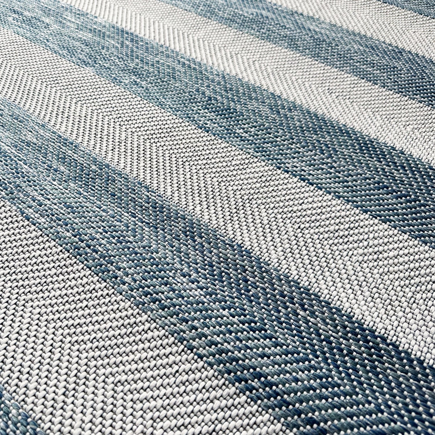 Close-up of a textured blue and gray fabric with wavy pattern