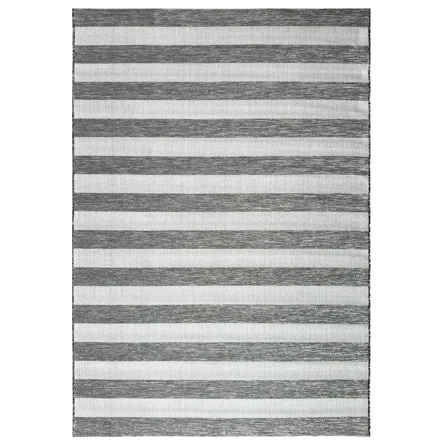 Striped rug with alternating dark and light stripes on a white background