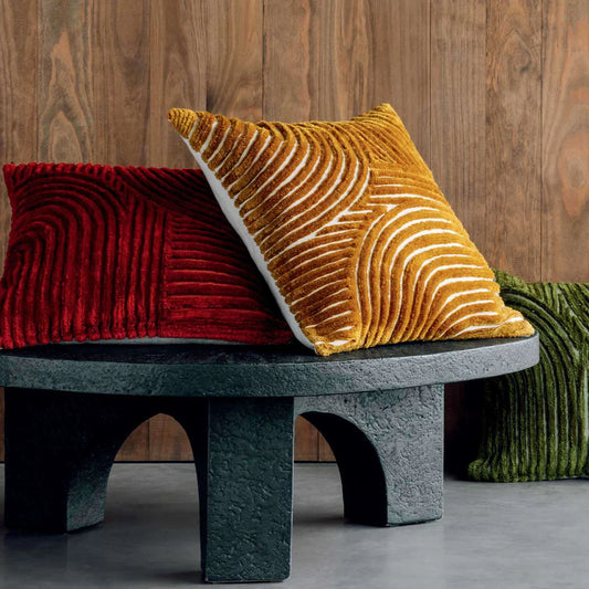 Elitis Edmond cushions in yellow, red and green