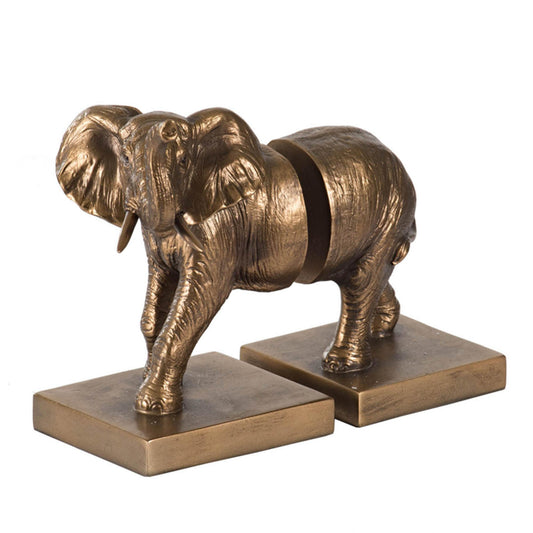 Pair of bronze elephant bookends on a white background