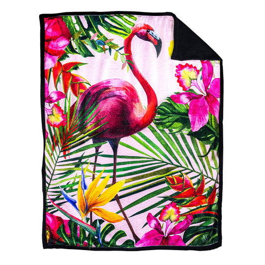 bright coloured blanket with flamingo and tropical flowers