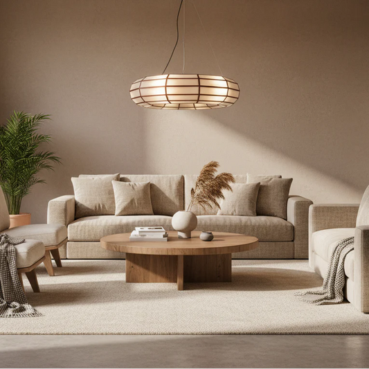 Modern living room with a beige sofa, wooden coffee table, and pendant light.