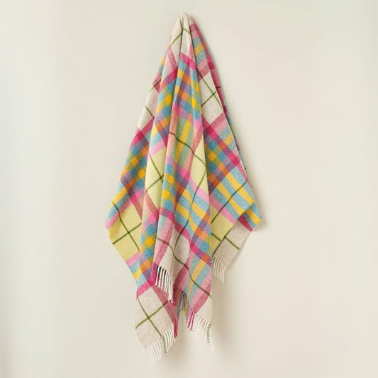 Colourful tartan style wool throw in pink,  yellow, aqua, ivory, rose