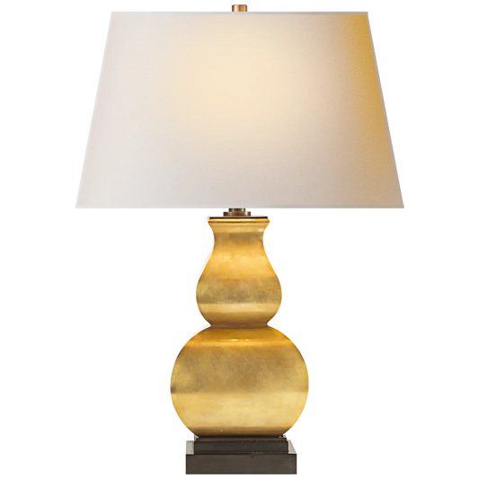 Fang Gourd Table lamp with gold asian inspired base and white linen shade