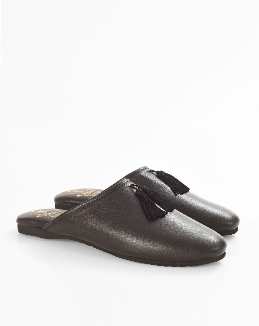 Black Leather Mule Tassel Slippers