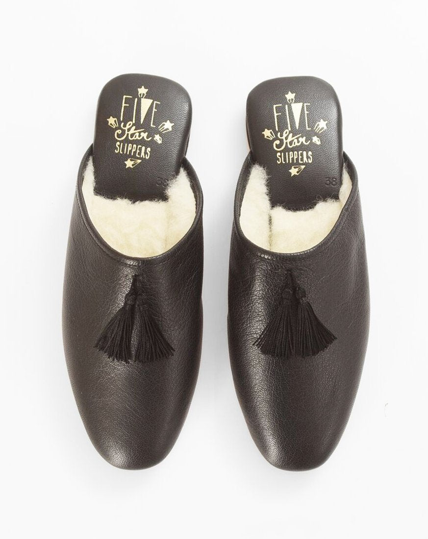 Black Leather Mule Tassel Slippers