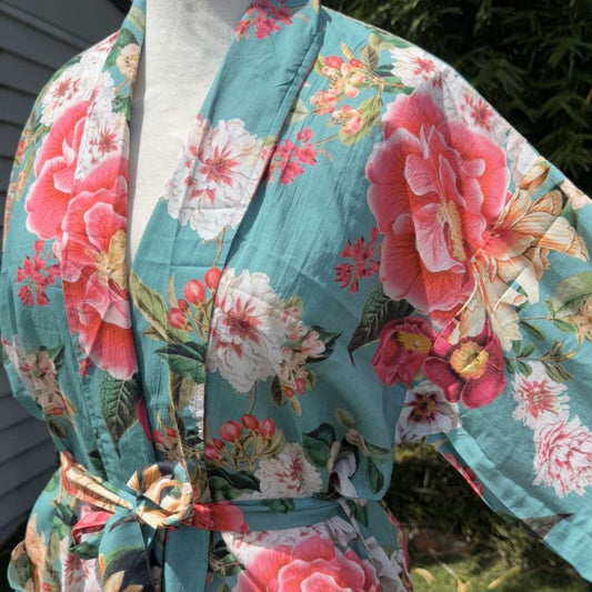 Fleur kimono robe in lagoon green with bright large florals