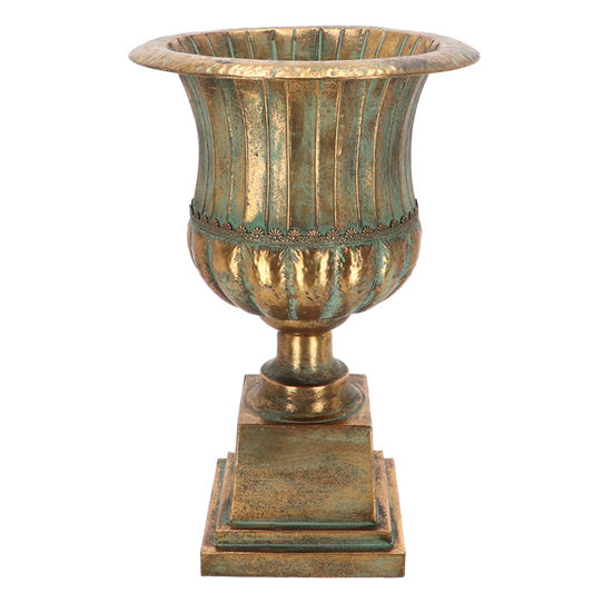 Decorative urn with a textured surface on a white background