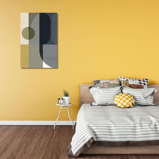 Geometric Shapes I art print on yellow wall in bedroom