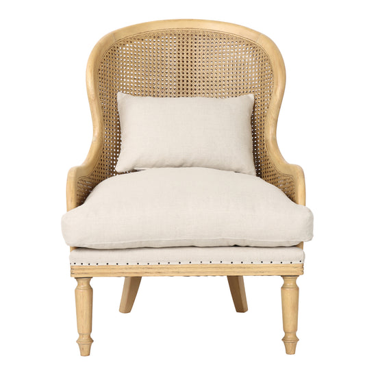 Wicker chair with white cushion on a white background