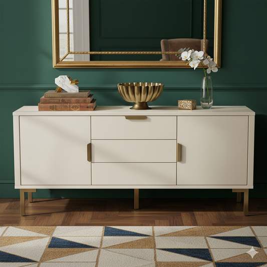 Beige sideboard with decorative items against a green wall