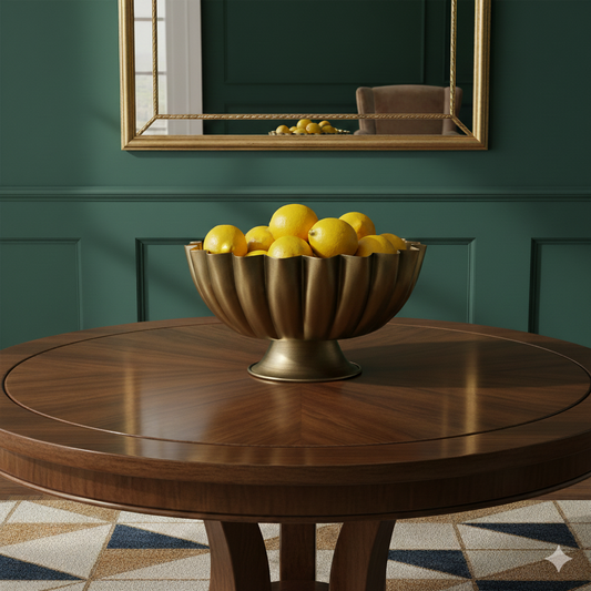 Bronze bowl with lemons on a wooden table against a green wall with a mirror.