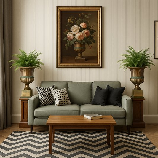 Living room with a gray sofa, wooden coffee table, and decorative elements.