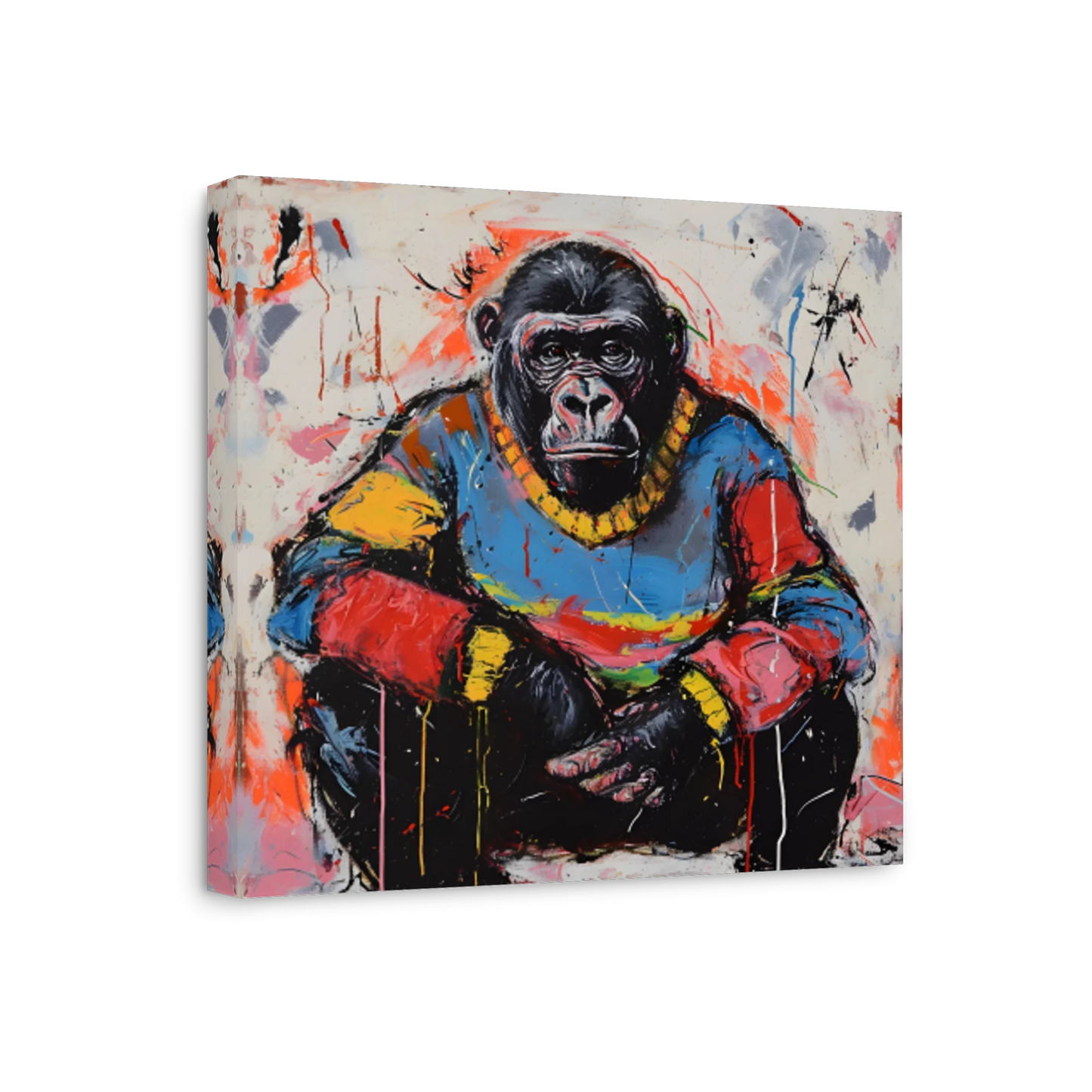 A square canvas wall art print featuring a stylized painting of a seated chimpanzee in a colorful sweater, shown at a slight angle against a plain white background.