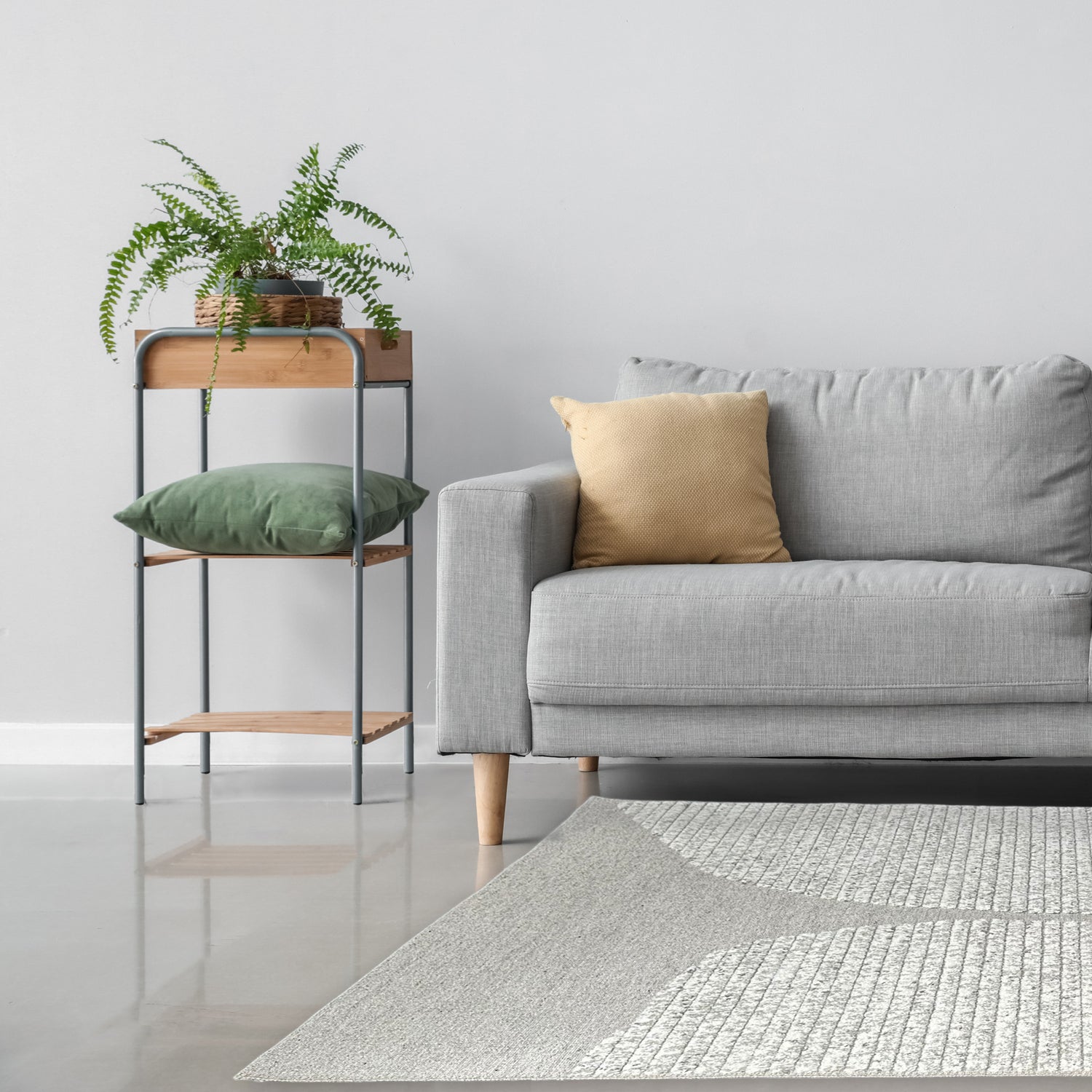 Gray sofa with a plant and pillows in a minimalistic living room