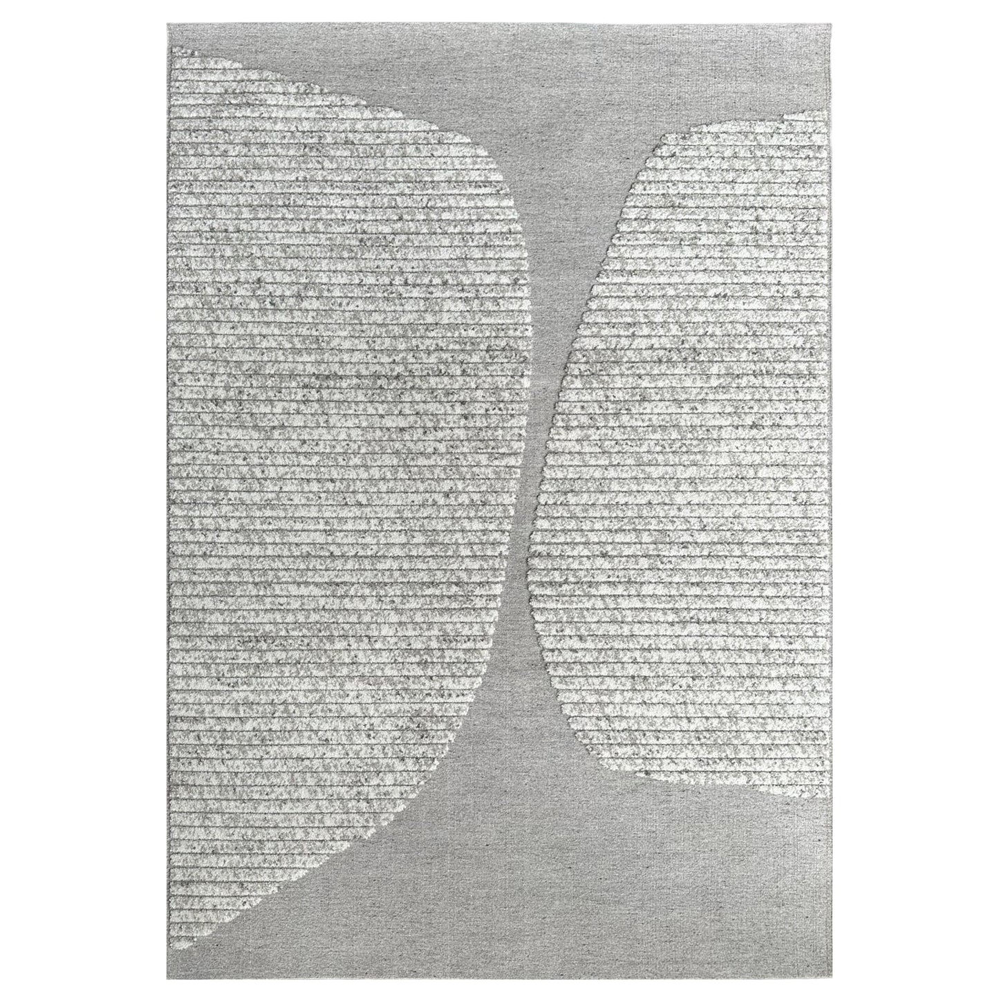 Gray area rug with abstract leaf design on a white background