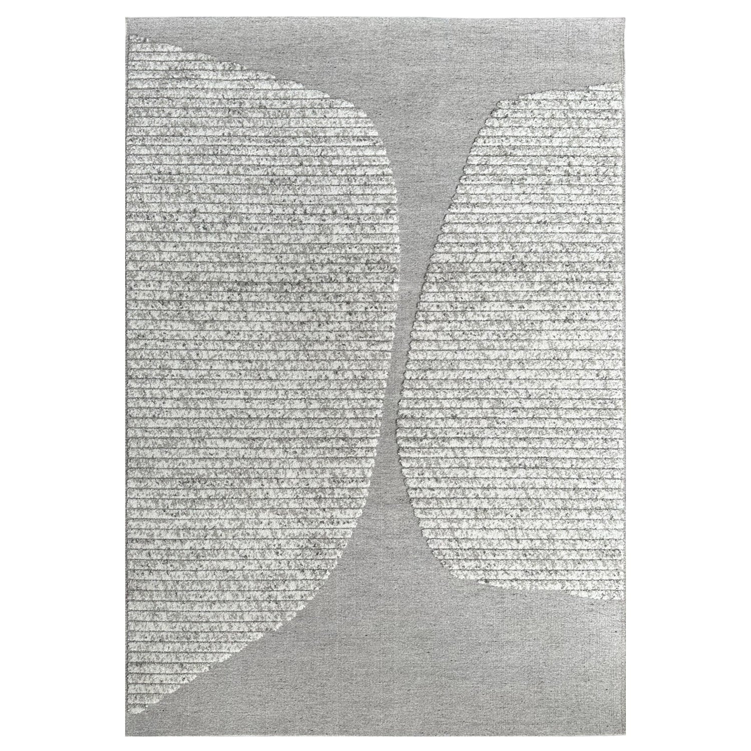 Gray area rug with abstract leaf design on a white background