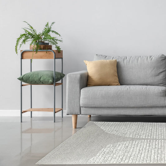 Gray sofa with a plant and pillows in a minimalistic living room